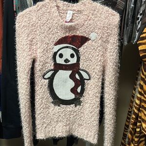 No Boundaries Pink Fuzzy Sweater with Festive Penguin